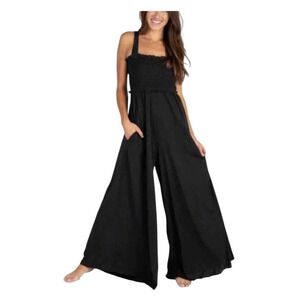 Natural Life Womens Smocked Wide Leg Jumpsuit Charcoal Gray L/XL Tank Pockets